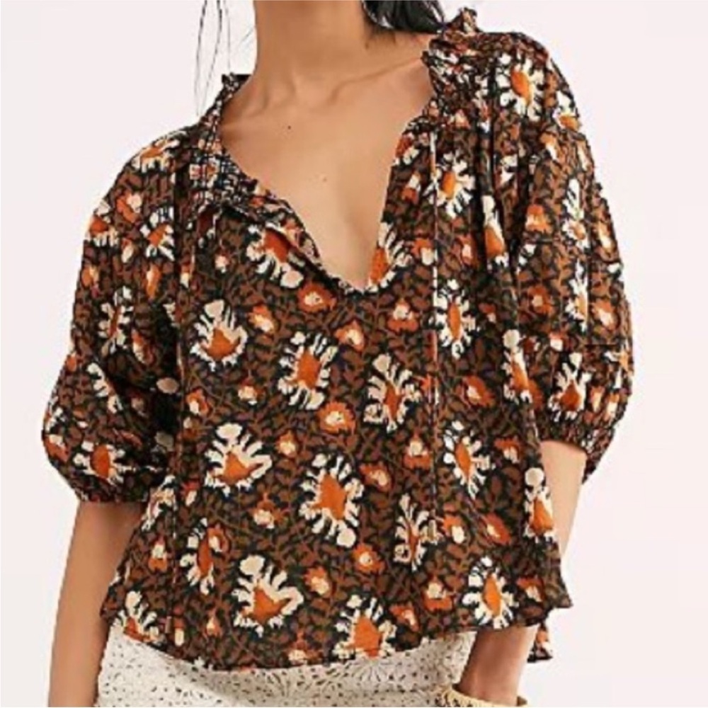Free People Willow Printed Puff Sleeve Blouse Top Size XS